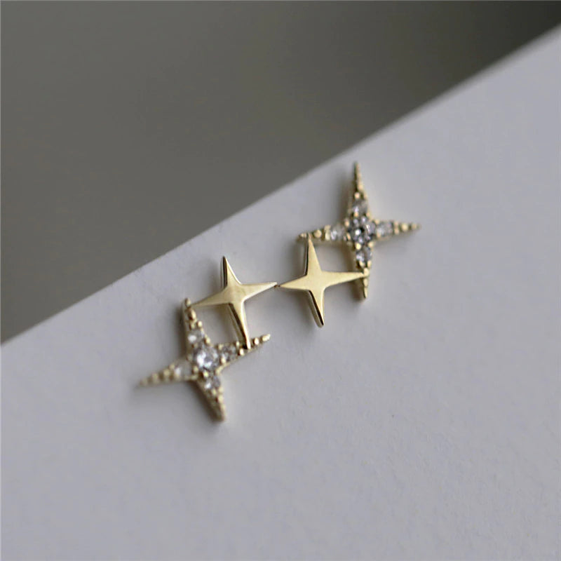 Japanese Micro Inlaid Crystal Four-Pointed Star 14k Plated Gold Earring