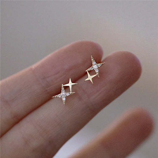 Japanese Micro Inlaid Crystal Four-Pointed Star 14k Plated Gold Earring