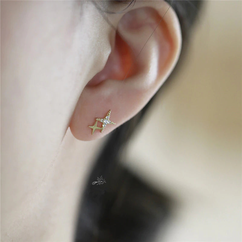 Japanese Micro Inlaid Crystal Four-Pointed Star 14k Plated Gold Earring