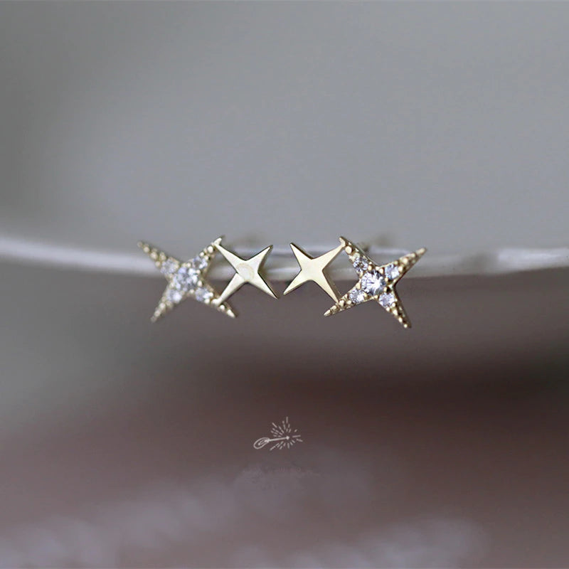 Japanese Micro Inlaid Crystal Four-Pointed Star 14k Plated Gold Earring