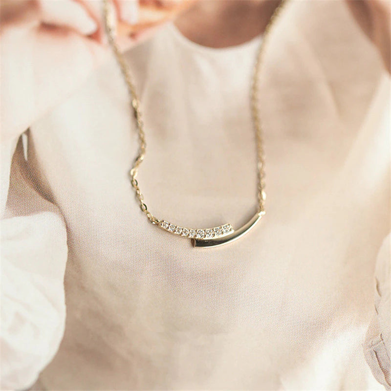 14K Plated Gold Pavé Crystal Intersection Pendant Clavicle Chain Necklace